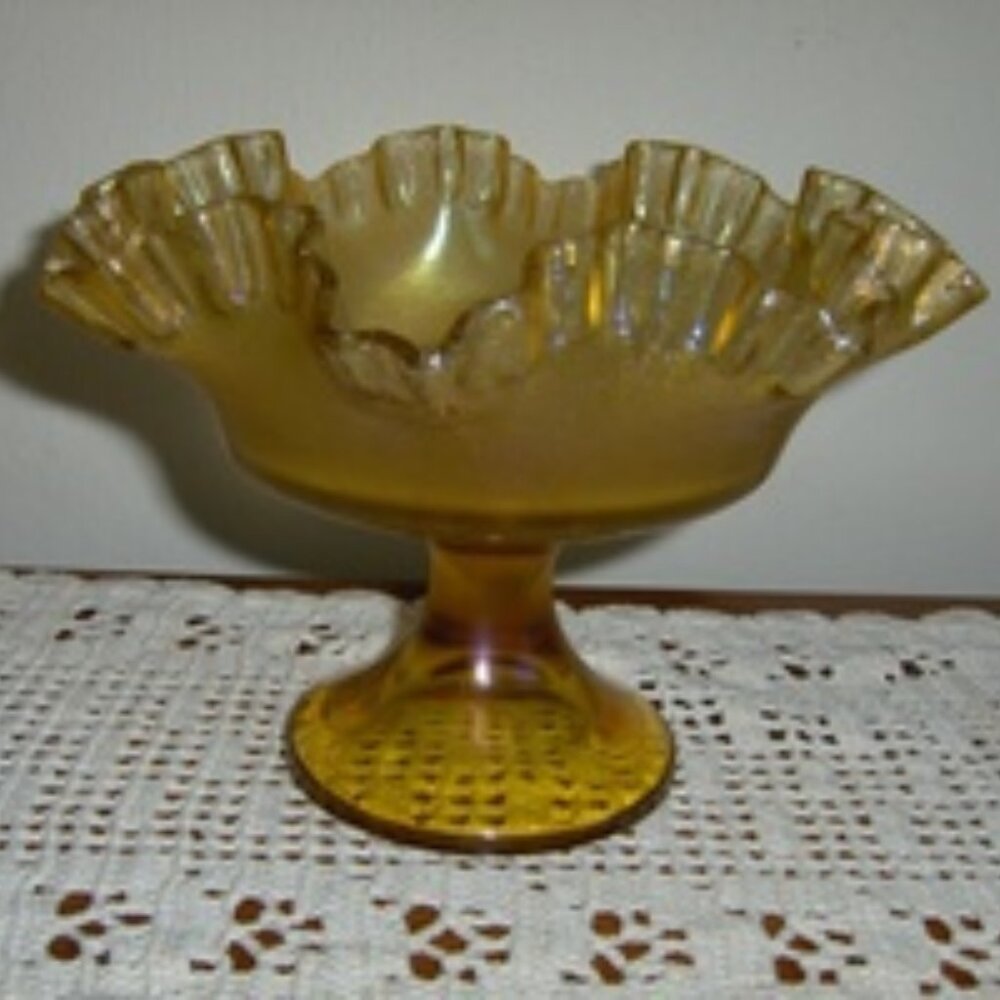 Fenton Ruffled Edge Pedestal Candy Dish Bowl Marigold Carnival Glass Frosted